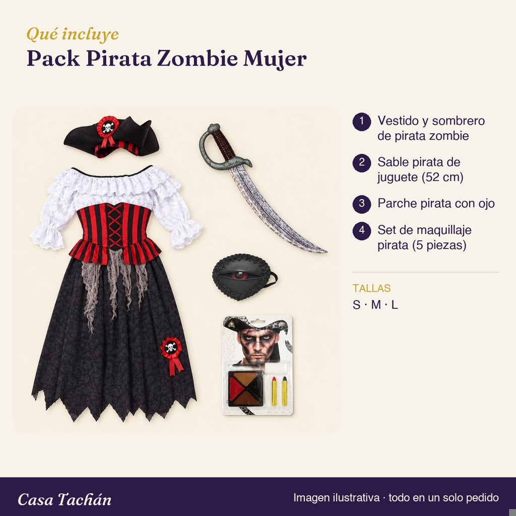 Qué incluye el Pack Pirata Zombie Mujer: lista de productos y tallas