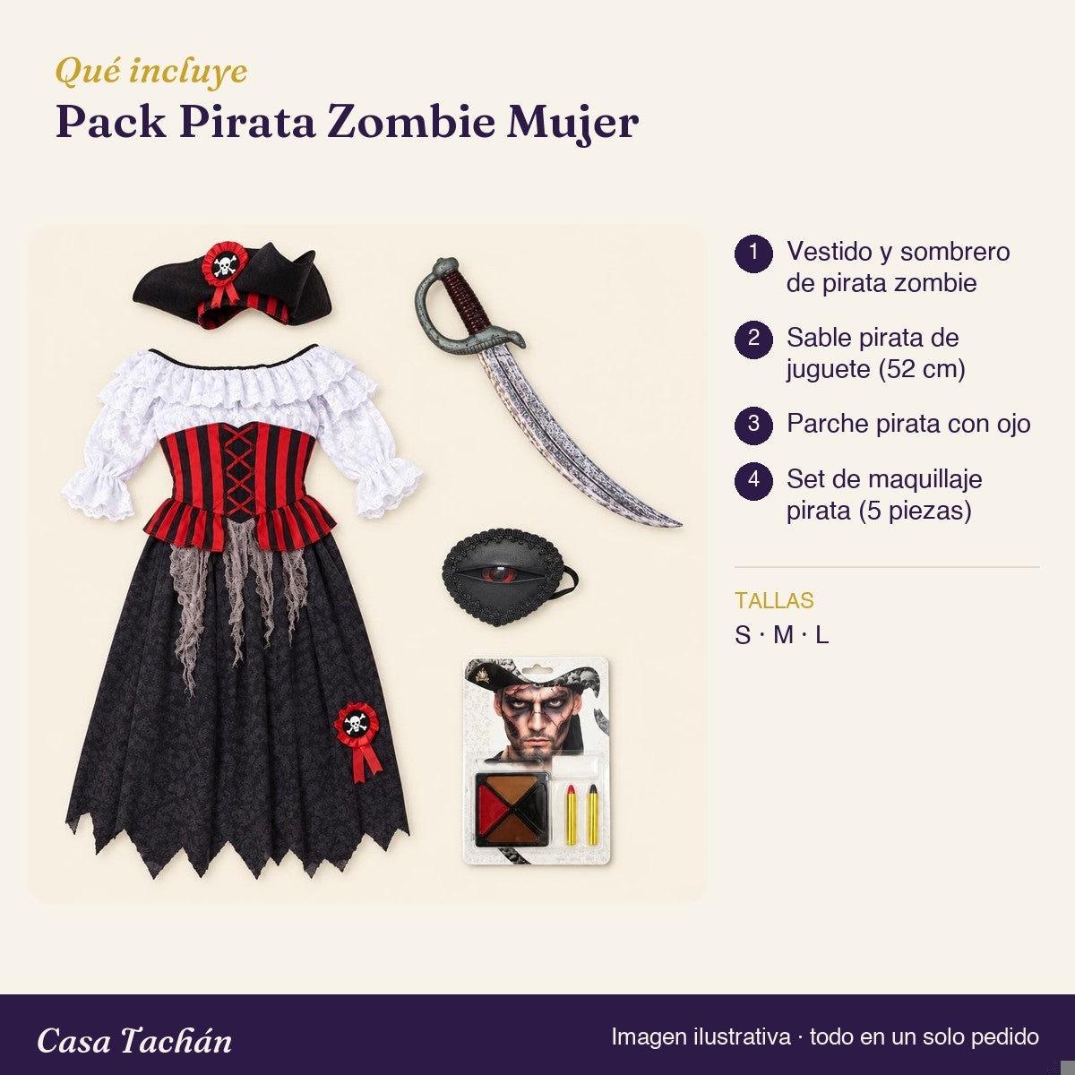 Qué incluye el Pack Pirata Zombie Mujer: lista de productos y tallas
