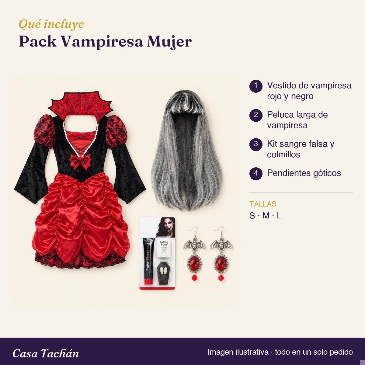 Qué incluye el Pack Vampiresa Mujer: lista de productos y tallas