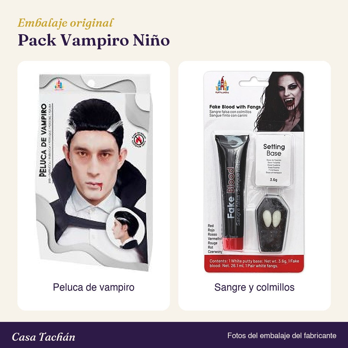 Embalaje original de los accesorios del Pack Vampiro Niño