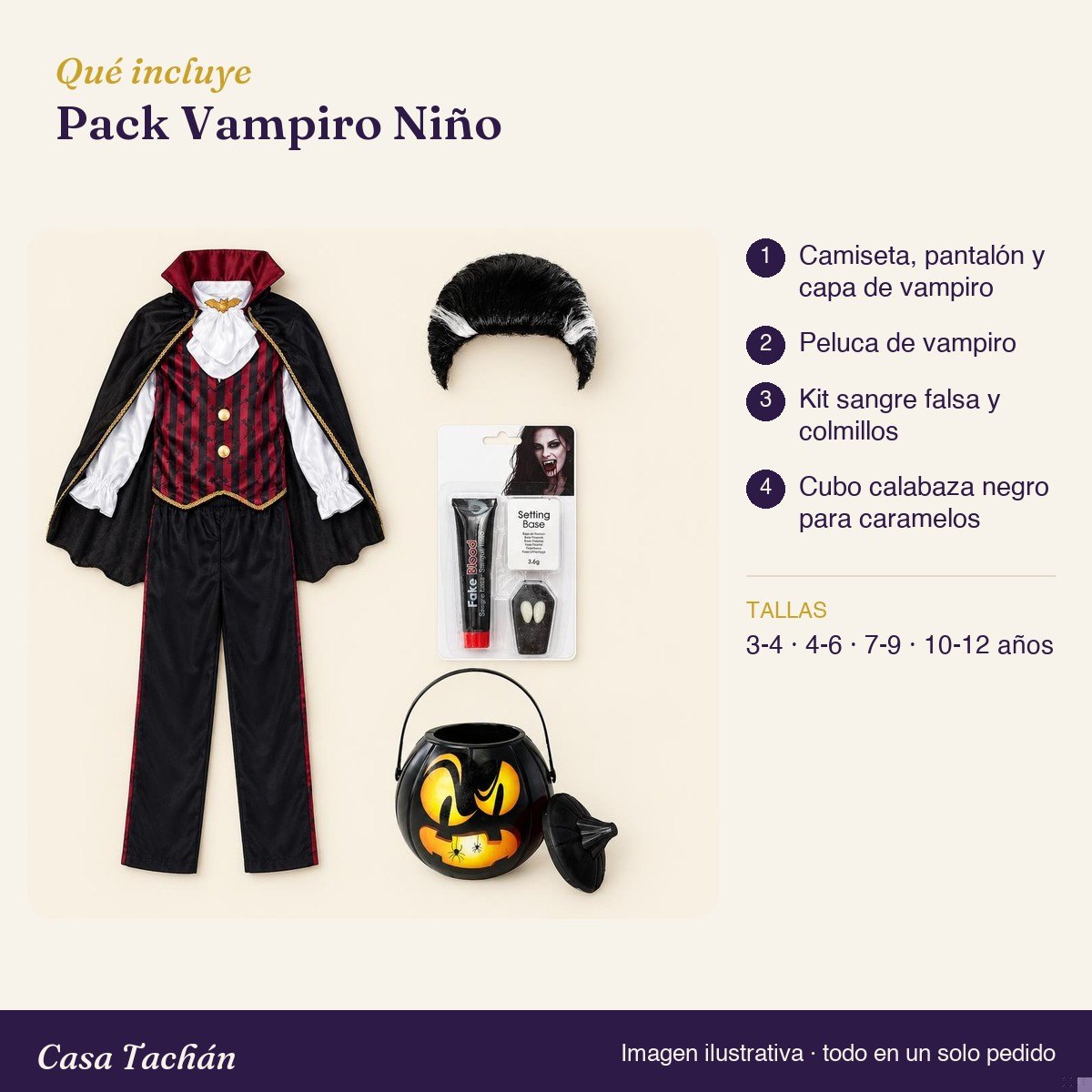 Qué incluye el Pack Vampiro Niño: lista de productos y tallas
