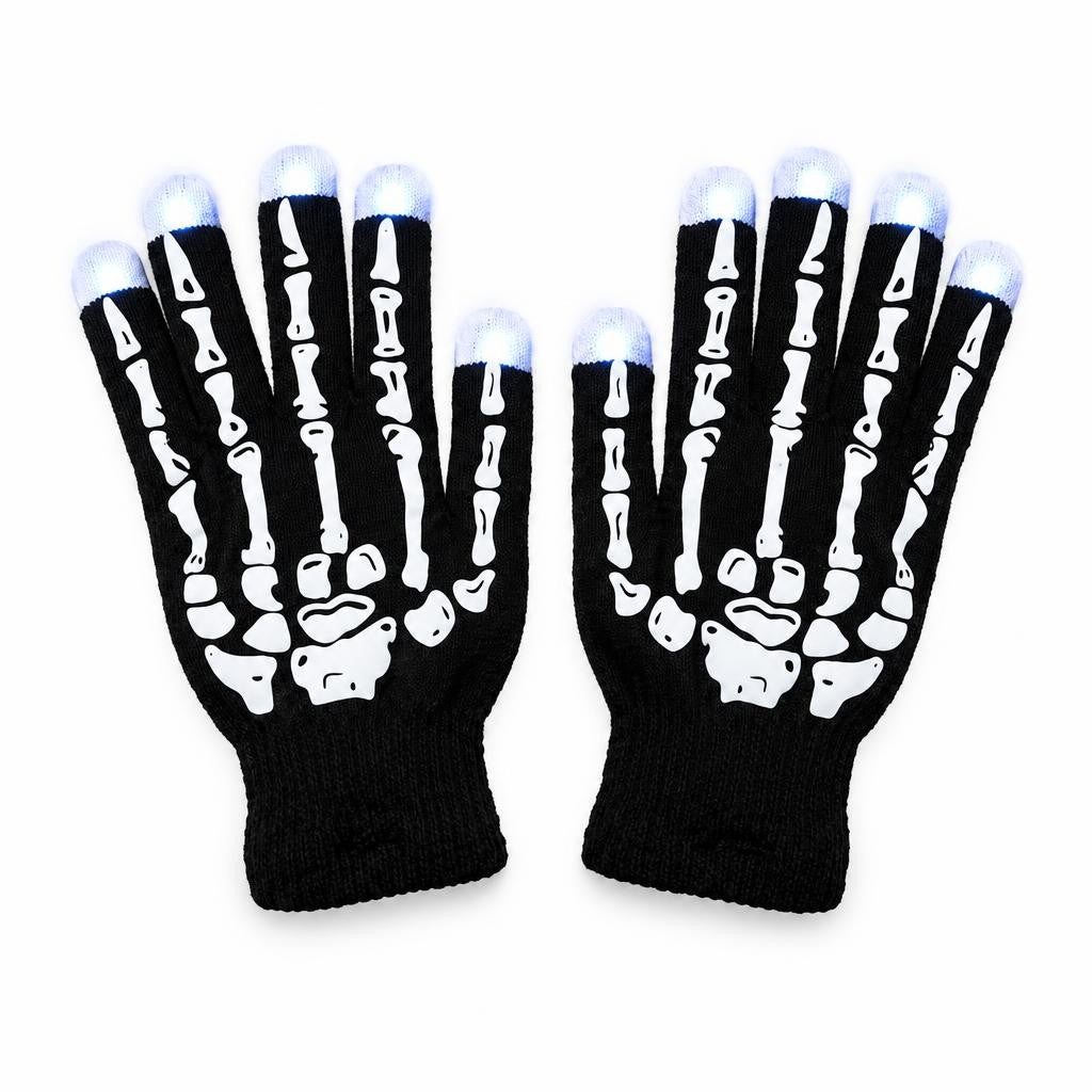 Guantes de esqueleto con luz LED sobre fondo blanco