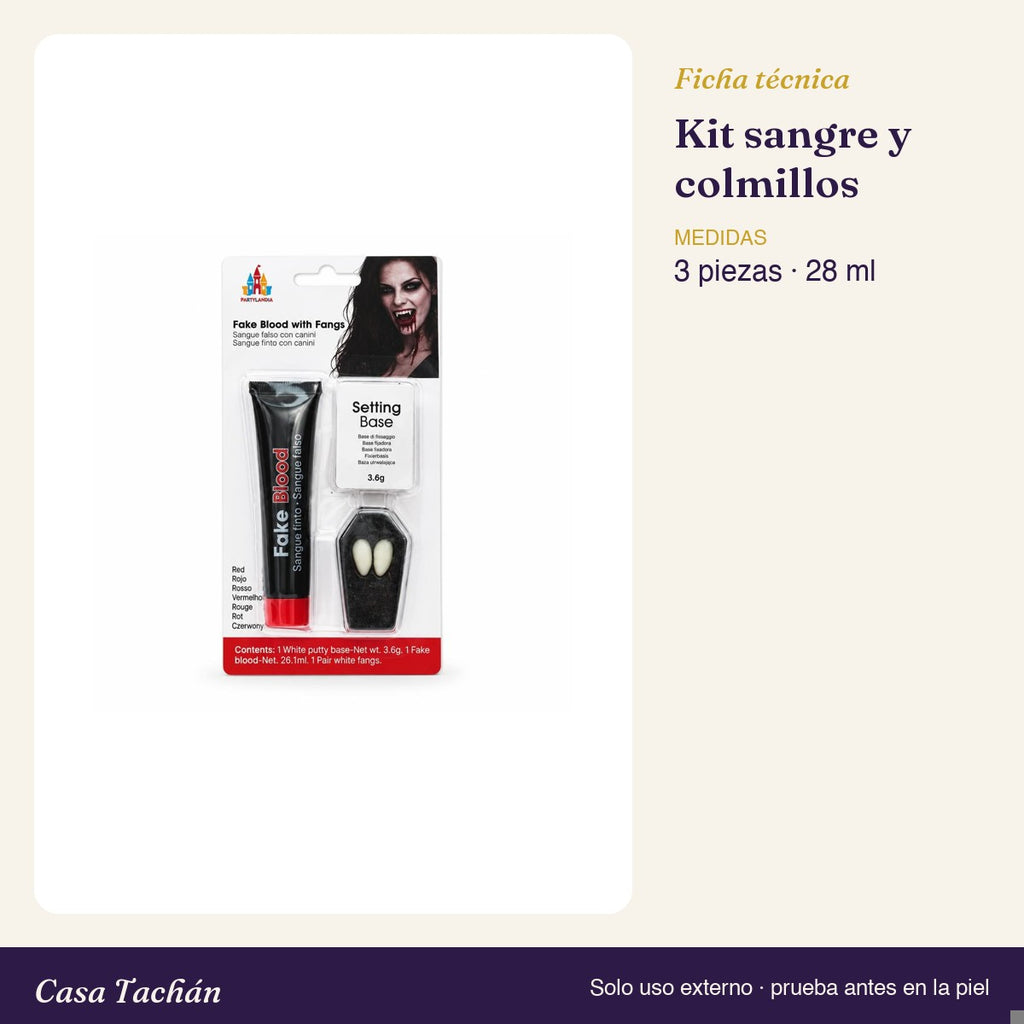 Ficha técnica: Kit de sangre falsa y colmillos de vampiro