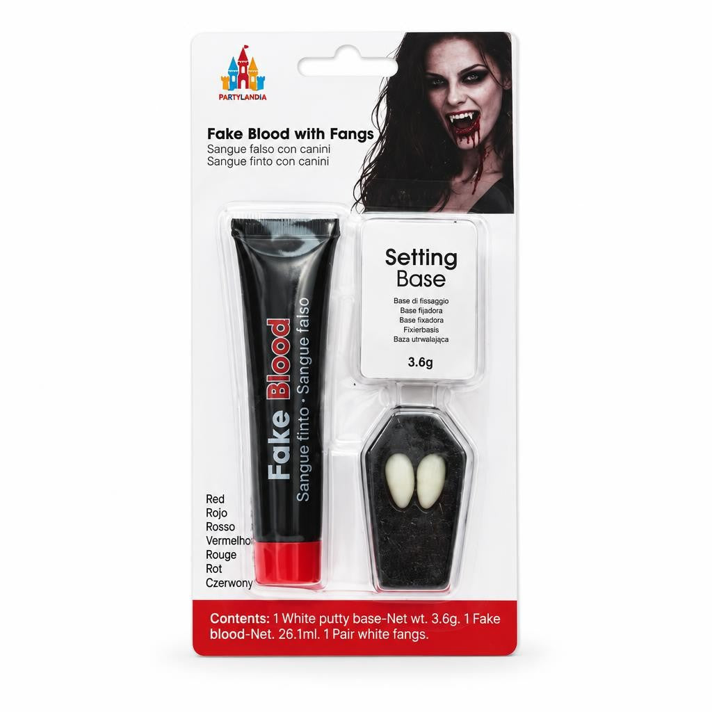 Kit de sangre falsa y colmillos de vampiro sobre fondo blanco