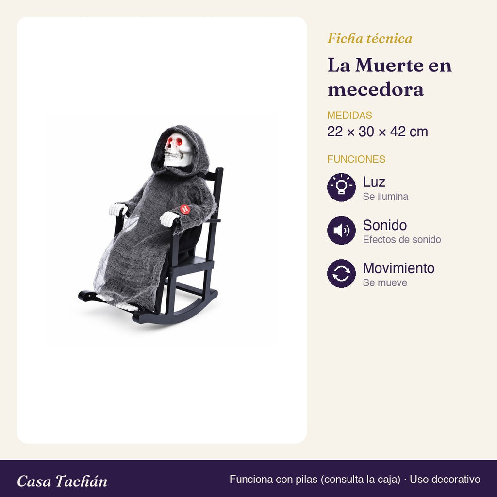 Ficha técnica: La Muerte en mecedora animada con luz y sonido (42 cm)