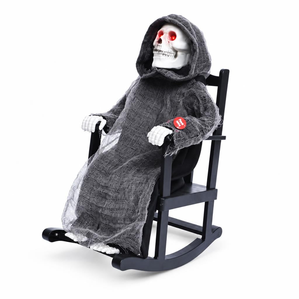 La Muerte en mecedora animada con luz y sonido (42 cm) sobre fondo blanco