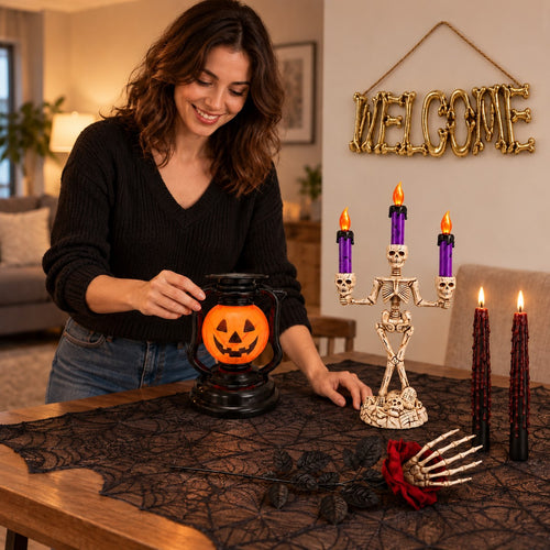 Mujer colocando la decoración del Pack Casa Terrorífica sobre una mesa