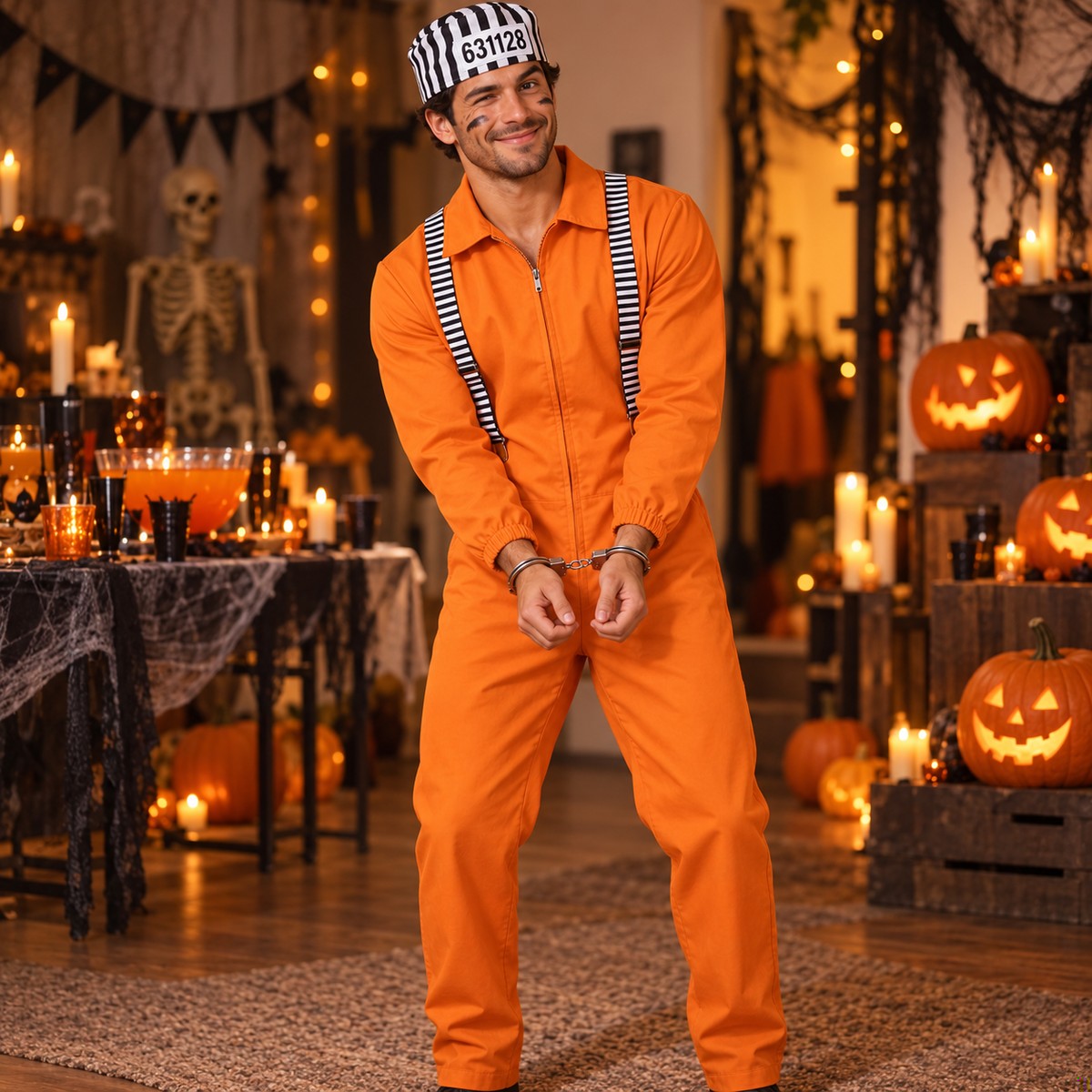 Modelo con el mono naranja, gorro, tirantes y esposas del Pack Preso