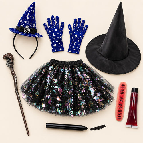 Pack Bruja Fiesta: set de bruja luna con diadema y guantes, tutú, sombrero, varita, maquillaje y sangre falsa