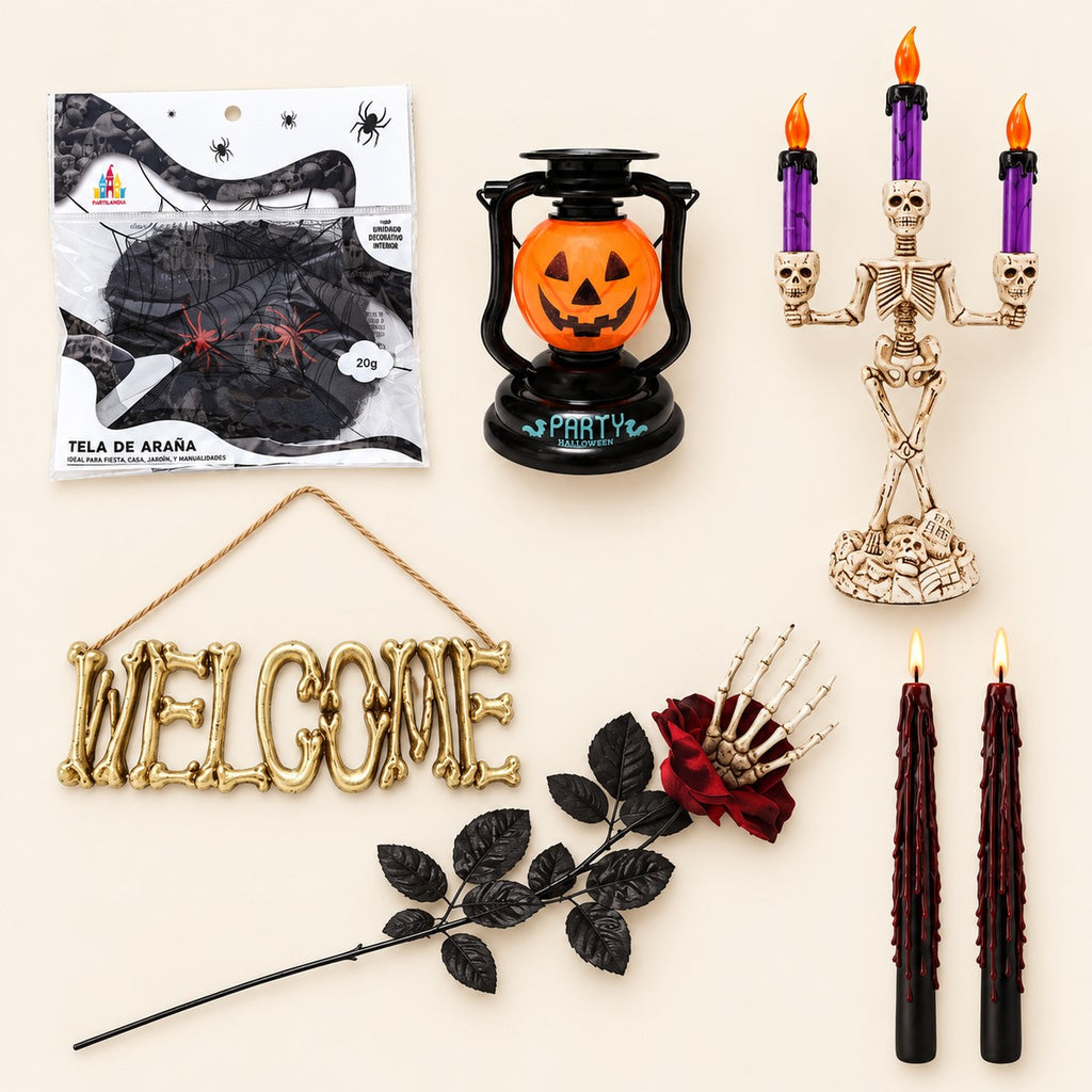 Pack Casa Terrorífica: telaraña, farolillo de calabaza, candelabro esqueleto, colgante WELCOME, rosa con mano y velas sangrantes