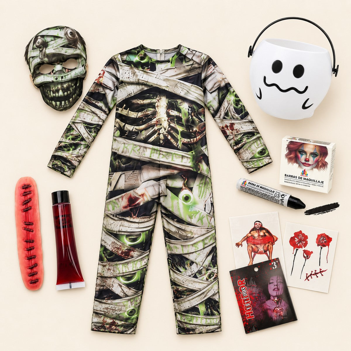 Pack Niño Terror: mono y máscara de momia zombie, cubo fantasma, maquillaje, sangre falsa y tatuajes