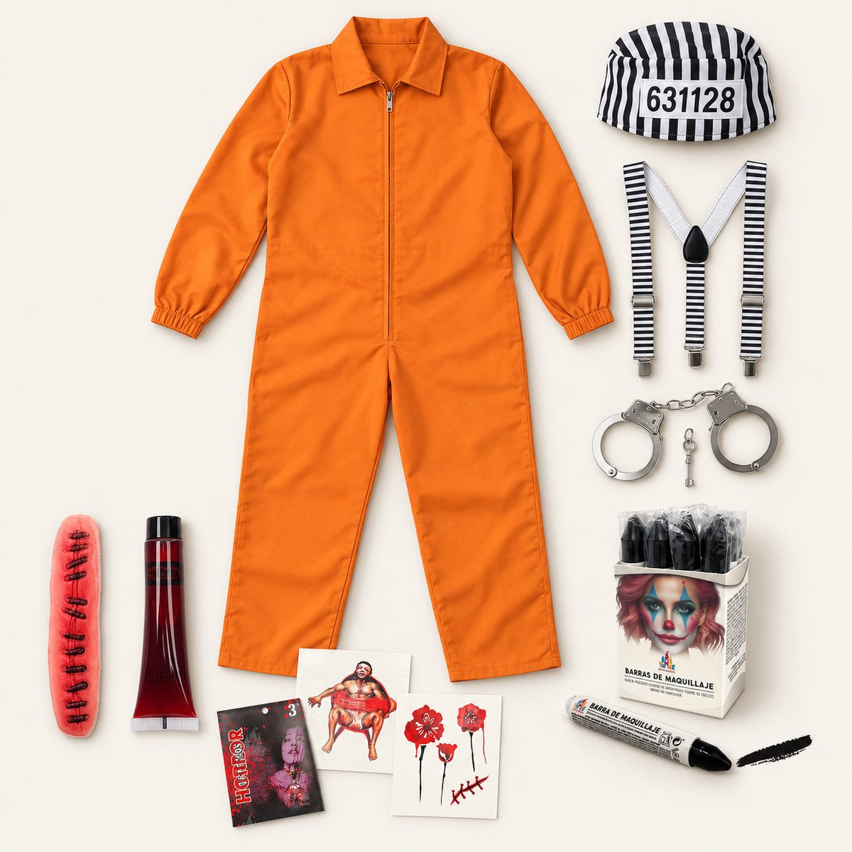 Pack Preso: mono naranja, gorro, tirantes y esposas, maquillaje, sangre falsa y tatuajes