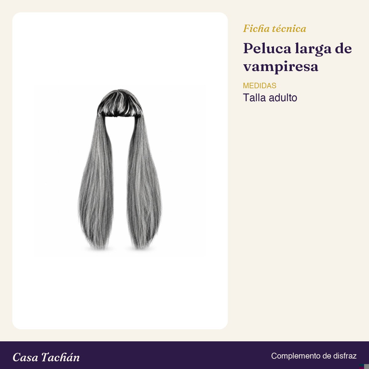 Ficha técnica: Peluca larga de vampiresa gris y negra