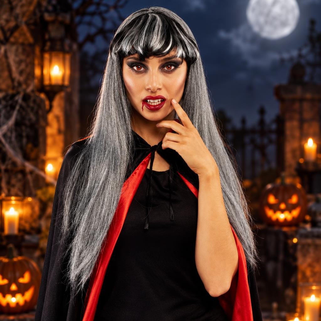 Peluca larga de vampiresa gris y negra: foto ilustrativa de ambiente