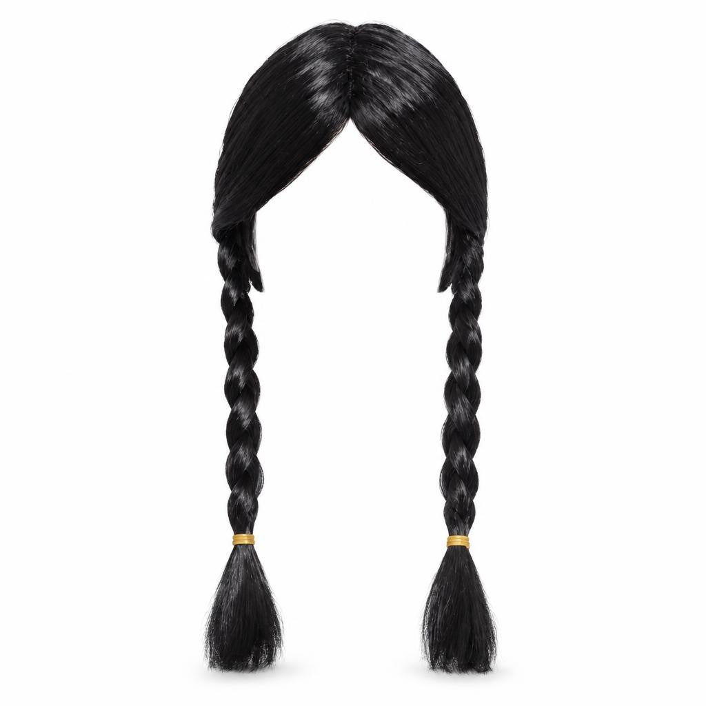 Peluca negra con dos trenzas sobre fondo blanco